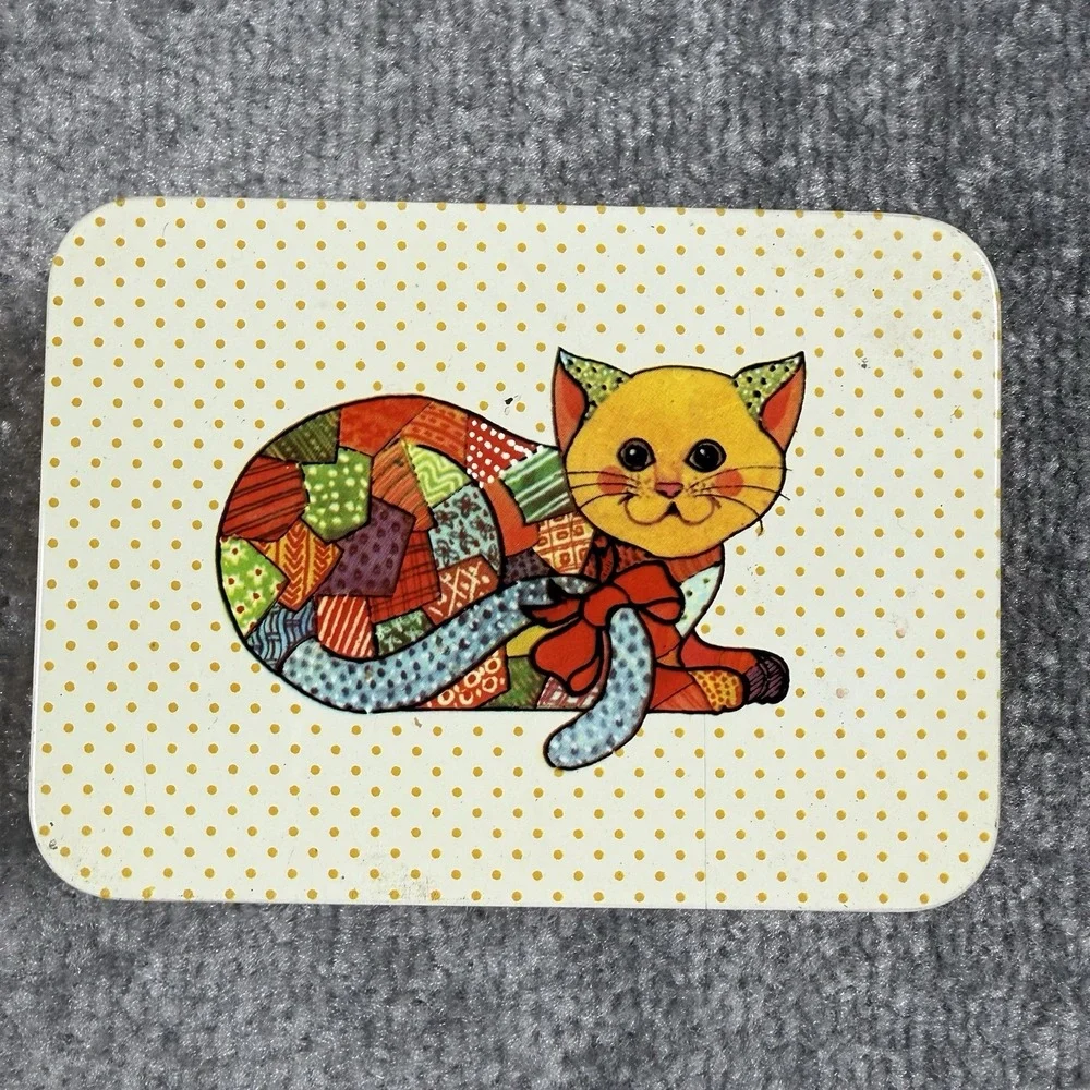 Vintage Patchwork Cat Metal Tin Yellow Notepaper Storage